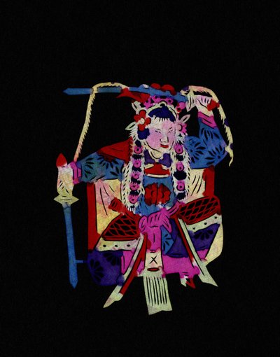 Kvinnlig karaktär från Pekinoperan med gungor. Målad pappersklippning eller "Jian Zhi", kinesisk folkkonst, Pekin. av School Chinese