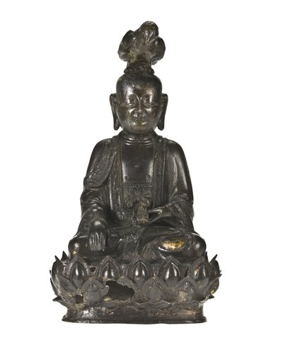 Figur av Guanyin, den kinesiska barmhärtighetsgudinnan sittande på en lotusdesignbas med en korp uppflugen på huvudet och en kanin vilande i hennes vänstra hand av School Chinese