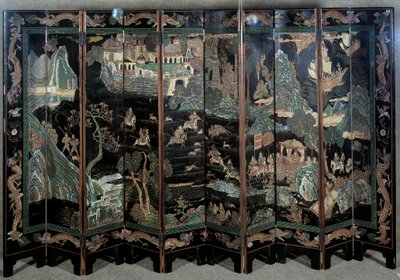 Jaktscener. Art China: skärm i skulpterad lack av School Chinese