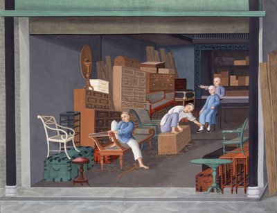 Tillverkning av europeiska snickerier, ca 1825 (gouache på papper) av School Chinese