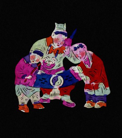 Manlig figur med två barn. Målad pappersklippning eller "Jian Zhi", kinesisk folkkonst, Pekin. av School Chinese