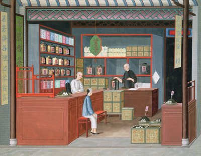Ming-Tang Tea Store säljer doftande Tenderleaf Tea (akvarell  gouache på papper) av School Chinese