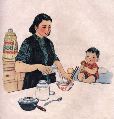 Mamma förbereder en måltid för en baby. Illustration, i "Comment mieux nourrir nos enfants", Edition Le Journal de la Sante, Pekin av School Chinese