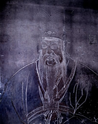 Porträtt av den kinesiska filosofin Konfucius (551-479 f.Kr.), Gravsten, Shanghai Museum av School Chinese
