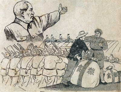 President Mao (1893-1976) visar vägen till det moderna jordbruket för kinesiska bönder. Illustration av propaganda, i "Satiriska teckningar", Pekin av School Chinese