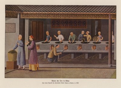 Rostning av te i Kina (färglitografi) av School Chinese