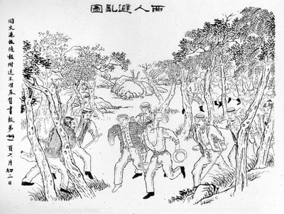 Boxer Rebellion: Européer som slåss mot boxarna. Illustration publicerad på Shanghai Journal Toung-Ouen-Hou-Pao.1899 ca. av School Chinese