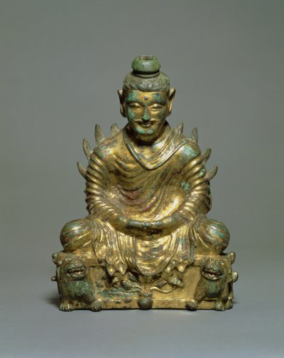 Sittande Buddha med flammande axlar, kinesiska sexdynastiernas period, norra Wei-dynastin, 3-500-talet (förgylld brons) av School Chinese