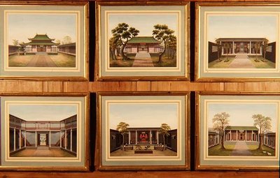Uppsättning av sex kinesiska paviljonger och gårdsscener, ca 1780 (akvarell) av School Chinese