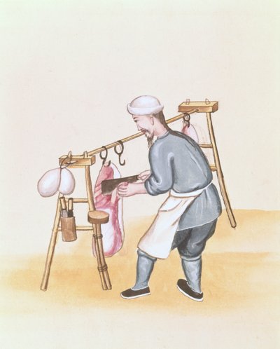 Köttsäljaren, från en bok om Pekings gatan, ca 1785 (akvarell och gouache på papper) av School Chinese