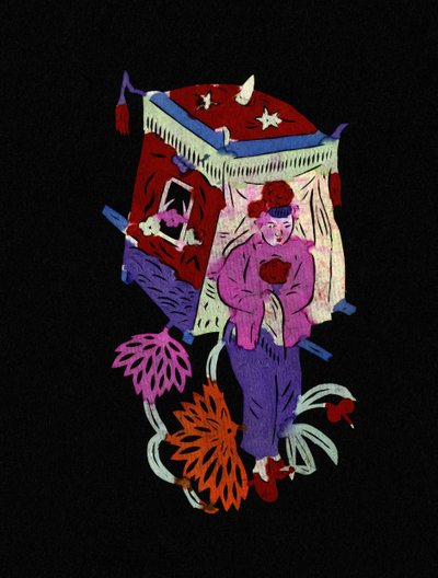 Traditionell palankin med ung flicka. Målad pappersklippning eller "Jian Zhi", kinesisk folkkonst, Pekin. av School Chinese