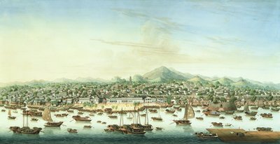 Vy över Kanton, ca 1800 (akvarell och gouache på papper) av School Chinese