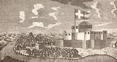 Danska kolonialfortet Fredensborg, Ningo, Ghana som det såg ut 1760, ur "Afrika, dets Opdagelse, Erobring og Kolonisation", publicerad 1901 i Köpenhamn (litografi) av School Danish