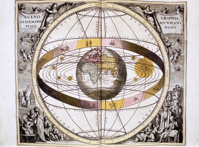 Ptolemaiskt, geocentriskt, jordcentrerat, universumsystem, med solens, månens och planeternas position, ur "Harmonia Macrocosmica" av Andreas Cellarius, Amsterdam av School Dutch