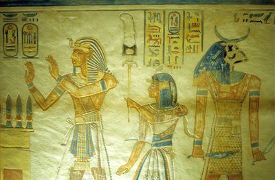 Forntida Egypten, Målning/snideri, Amon-Hir Khopshef-graven, Ramses III med sin son Amon-Hir bärande en standar av School Egyptian