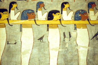 Forntida Egypten, målning, underjordens gudar tjudrade till Hathor, gudomlig ko, bogserar solbarken, Ramses I:s grav, Thebe av School Egyptian