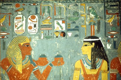 Forntida Egypten, målning, Horemheb erbjuder salvor till Hathor, Horemhebs grav, Thebe av School Egyptian