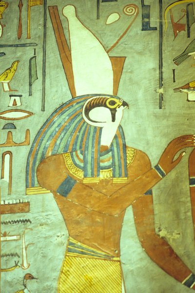 Forntida Egypten, målning, Horus, falkhuvad gud, kungarnas gud, Ramses I:s grav, Thebe av School Egyptian