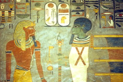 Forntida Egypten, Målning, Ramses I inför Ptah, bakom vilken en djedpelare står, Ramses I:s grav, Thebe av School Egyptian