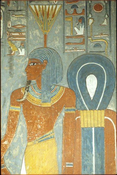 Forntida Egypten, Målning, Horemhebs grav, Thebes 18:e dynastin, Guden Nefertum och Isis knut, Nefertum eller Nefertem med en huvudbonad av näckros eller lotus (foto) av School Egyptian
