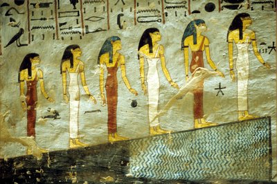 Forntida Egypten, Målning, Ramses I:s grav, Thebe, Sex gudinnor som representerar nattens sex första timmar, stiger upp för ett berg under vilket det finns en damm av School Egyptian