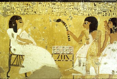 Forntida Egypten, Inherkhaus grav, Thebe, Inherkhau inför sina söner som utför prästens plikter, Iförd leopardskinn, Väggmålning, Adelns dal, 20:e dynastin (foto) av School Egyptian