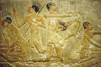 Forntida Egypten, Väggristning/-målning, Mastaba/Tomb of Idout, Sakkara/Saqqara, Fångst av fåglar i träsket, 6:e dynastin (foto) av School Egyptian