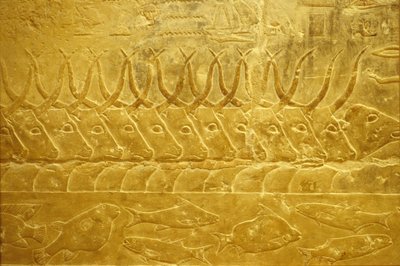 Forntida Egypten, Väggristning/-målning, Mastaba/Tomb of Idout, Saqqara, 2323-2150 f.Kr, Boskap vid en flod (foto) av School Egyptian