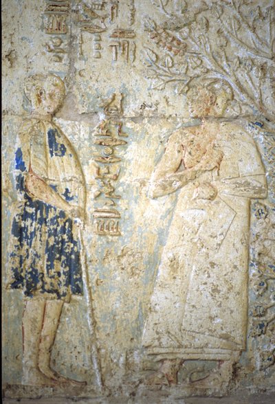 Forntida Egypten, Väggristning/-målning, Petosiris grav, Tuna el Gebel, 300 f.Kr, Petosiris och hans hustru (foto) av School Egyptian