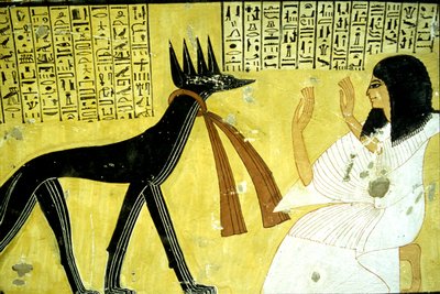 Forntida Egypten, Väggmålning Inherkhaus grav, Thebe, De adligas grav, 20:e dynastin, Inherkhau tillber schakalgudarna (foto) av School Egyptian