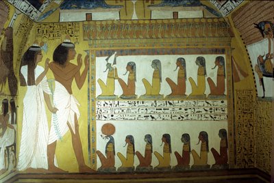 Forntida Egypten, Väggmålning, Sennedjems grav, Vägg, Sennedjem och hans hustru dyrkar underjordens gudar, Osiris, Horus, Thebe, Deir el Medina av School Egyptian