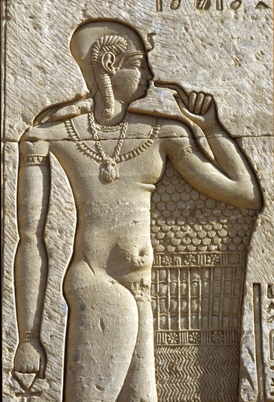 Forntida Egypten, Väggmålning/ristning, Ihy, son till Amun och Mut, Hathors tempel, Dendera (foto) av School Egyptian