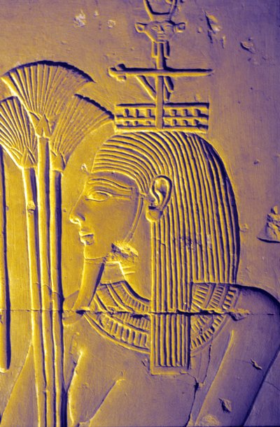 Forntida Egypten, Väggmålning/ristning, Nilguden ger offergåvor av lotusblommor, Seti I:s tempel, Abydos av School Egyptian