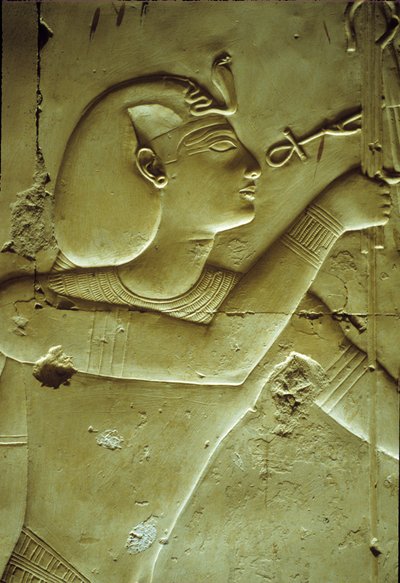 Forntida Egypten, Väggmålning/ristning, Seti I får liv, symboliserat av ankh, Seti I:s tempel, Abydos av School Egyptian