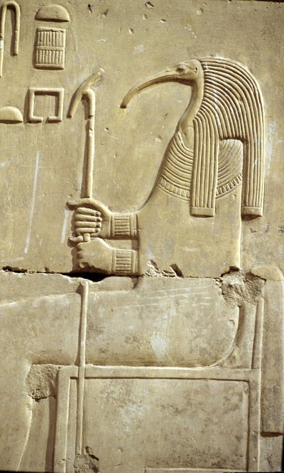 Forntida Egypten, Väggmålning/ristning, Guden Thoth, Seti I:s tempel, Abydos av School Egyptian