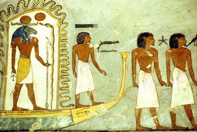 Forntida Egypten, Väggmålning/karvsnitt, Resa genom underjorden båt dragen av män, Ramses I:s grav, Thebe av School Egyptian
