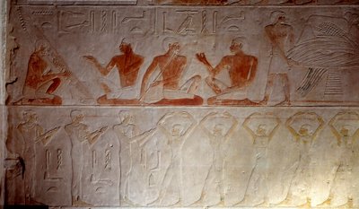 Forntida Egypten: kalkstensrelief som representerar musiker från kapellet i Mastaba i Akhethetep, omkring 2300 f.Kr. 5:e dynasti. Gamla imperiet. Från Saqqara (Sakkara). Paris, Louvren av School Egyptian