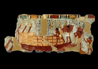 Forntida egyptisk konst: lastning av korn på en båtmålning på silt från Ounous grav (1450 f.Kr.). av School Egyptian