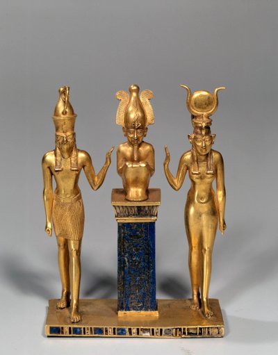 Egyptisk antikvitet: Osirisk triad i namnet Osorkon (Osiris omger av Isis och Horus. Guldhänge och lapis lazuli (lapis lazuli). 22:a dynastin, lågperiod. Paris, Louvren av School Egyptian