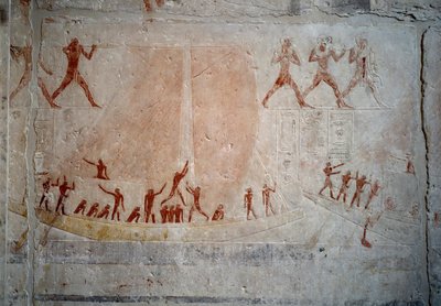 Egyptisk antikvitet: en segelbåt. Kalkstensrelief från kapellet i Mastaba av Akhethetep i Saqqara. 5:e dynastin (omkring 2500-2350 f.Kr.) 2300 f.Kr. Paris, Louvren av School Egyptian