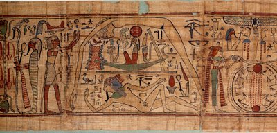 Egyptisk antik allegori över kosmos: mytologisk papyrus av Neskapashouty, bokskrivare av korn som representerar kosmogoni, med Geb, Nout, Nephtys, Osiris. 1070-664 f.Kr. 21:a dynastin. Sön 2,7x0,27 m Paris, Louvren av School Egyptian