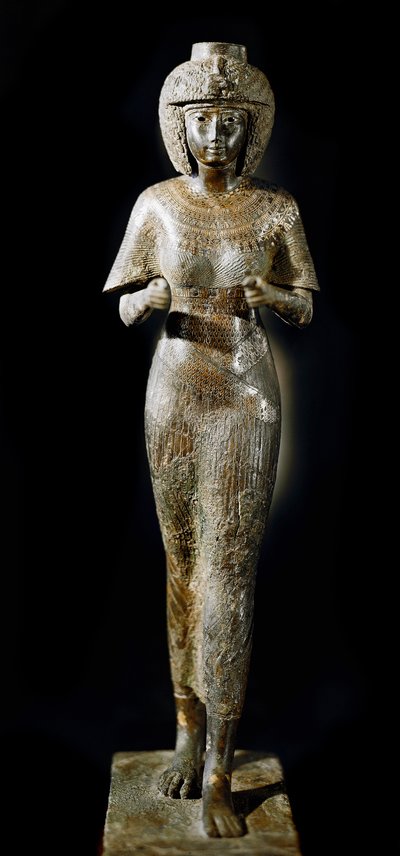 Egyptisk antikvitet: bronsstaty av drottning Karomama, hustru till farao Takelot II. 21:a dynastin. Paris, Louvren av School Egyptian