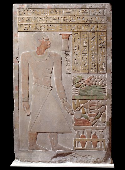 Egyptisk antikvitet: kalkstensstele av monumentet till minnet av talesmannen för Vizir Senousret som bildar ett kapell. Omkring 1700 f.Kr. Sen 12:e dynasti av School Egyptian