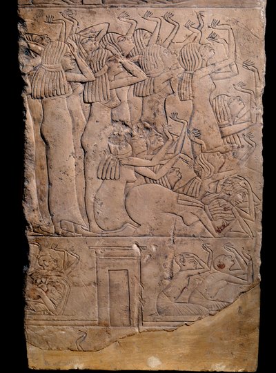 Egyptisk antikvitet: memfitgrav från Horemheb till Saqqarah (Sakkarah eller Saqqara), lättnad: gråtande vid Horemhebs begravning. 18:e dynastin (cirka 1550-1295 f.Kr.) av School Egyptian