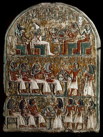 Egyptisk antikvitet: stelen av Irynefer, ovanpå gudarna Osiris och Anubis vänder mot Amenophis I och Ahmes Nefertari gudomliga; i Irynefer centrum ger hans fru Mehytkhaty och deras dotter Hathor begravningsoffer till sina föräldrar, i botten Hathor vuxen av School Egyptian