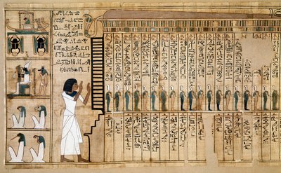 Egyptisk antikvitet: fragment av dödboken, papyrus från Nebqed. Detalj som representerar den avlidnes ankomst efteråt. 18:e dynasti. 1400-1350 f.Kr. Paris, Musee du Louvre - Forntida Egypten: fragment av de döda boken, Papyrus of Ne av School Egyptian