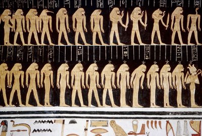 Luxor, Thebe: Konungarnas dal, teckning av gud och gudinna på innerväggen i ett tempel. av School Egyptian