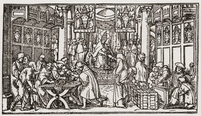 En försäljning av avlatsbrev under Tudor-perioden i England (gravyr) av School English
