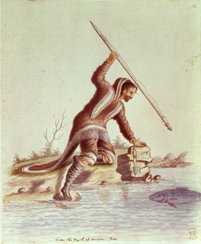 Lägg till 5253 fol.12 Inuit spjutfisk (färg litho) av School English