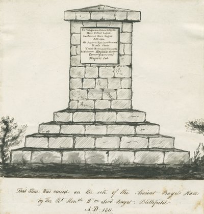 Blithfield - Memorial på platsen för Ancient Bagots Hall: sepiateckning, nd [1800-talet] (ritning) av School English